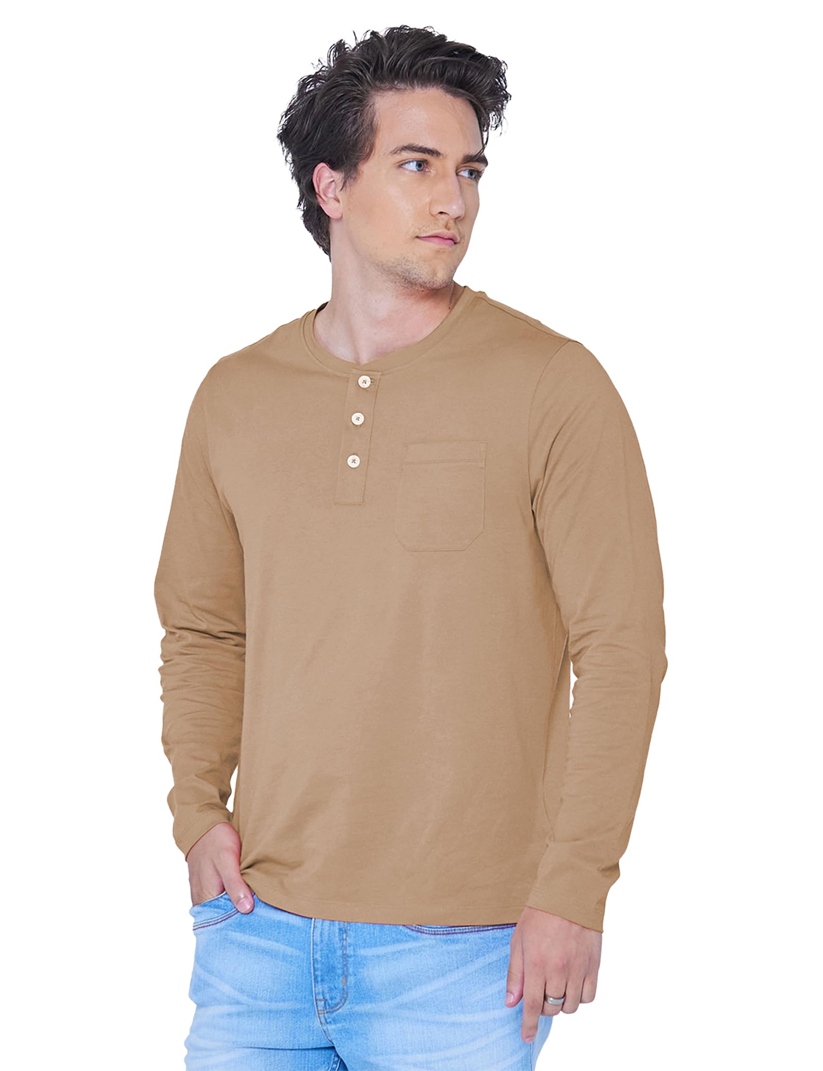 Enorsia Men's Henley T-shirt - Crew Neck - Long Sleeve - Cream - Cotton