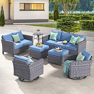 ovios Patio Furniture Set 7 Piece Outdoor Rocking Swivel Chairs with High Back Couch and Loveseat Wicker Rattan Sectional Sofa Set for Yard Garden Porch (Denim Blue)