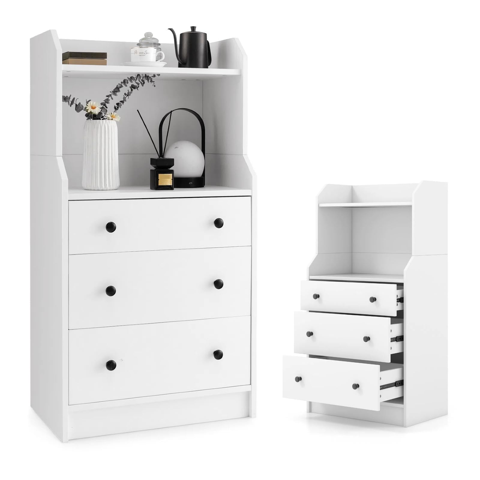 KOMFOTTEU Cómoda con 3 Cajones para Dormitorio con Dispositivo Antivuelco | Cajonera con Estantes Abiertos para Salón, Estudio, Mueble de Almacenamiento, Armario Auxiliar, 58 x 36 x 111 cm, Blanco