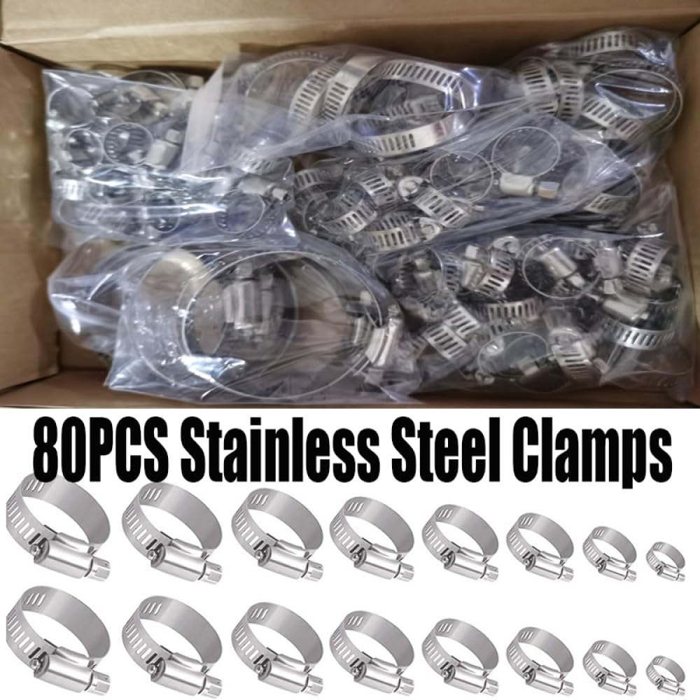 80 Stück Schlauchschellen Rohrschellen 6 mm - 51 mm Edelstahl-Ringschelle Schlauchschelle Edelstahl-Set Automobilrohre Clip Festes Werkzeug