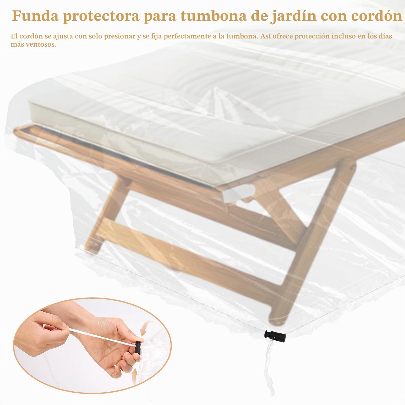 Funda protectora para tumbona de jardín, 200 x 70 x 75 cm, transparente, resistente al agua