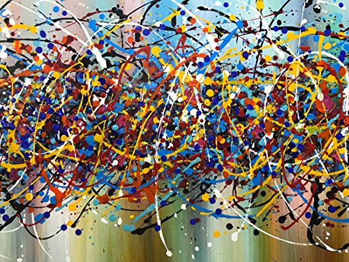 Amei Art Paintings,30X60Inch 100% Hand-Painted Canvas Paintings Colorful Acrylic Artwork Jackson Pollock Drip Style Modern Abstract Oil Paintings Art Wood Inside Framed Ready To Hang #TOP4