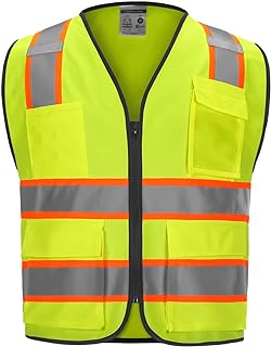9 Pockets High visibility Class 2 Safety Vest，Hi Vis Vest with 2 inch wide Reflective Strips security vest with Zipper construction work vest for men &women Lime，Large