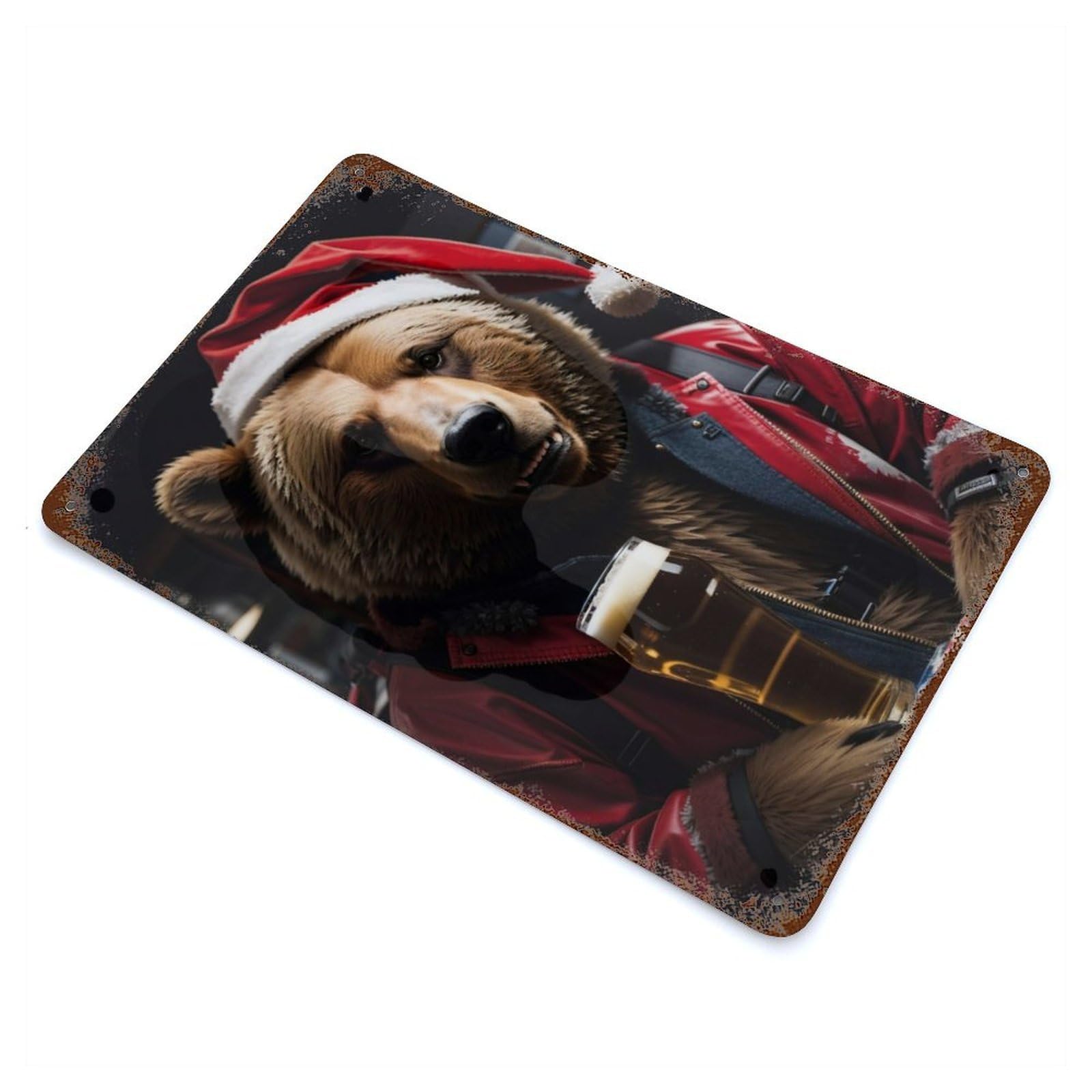 Drinking Beer Santa Bear Vintage Rust Metal Sign 11.8"x7.9", Ideal for Basement, Hobby Room And Garage Decor