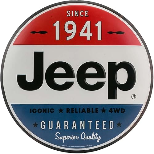 Jeep Since 1941 - Letrero de metal en relieve vintage rojo, blanco y azul, un producto oficial, gran adición para añadir lo que amas a tu hogar o