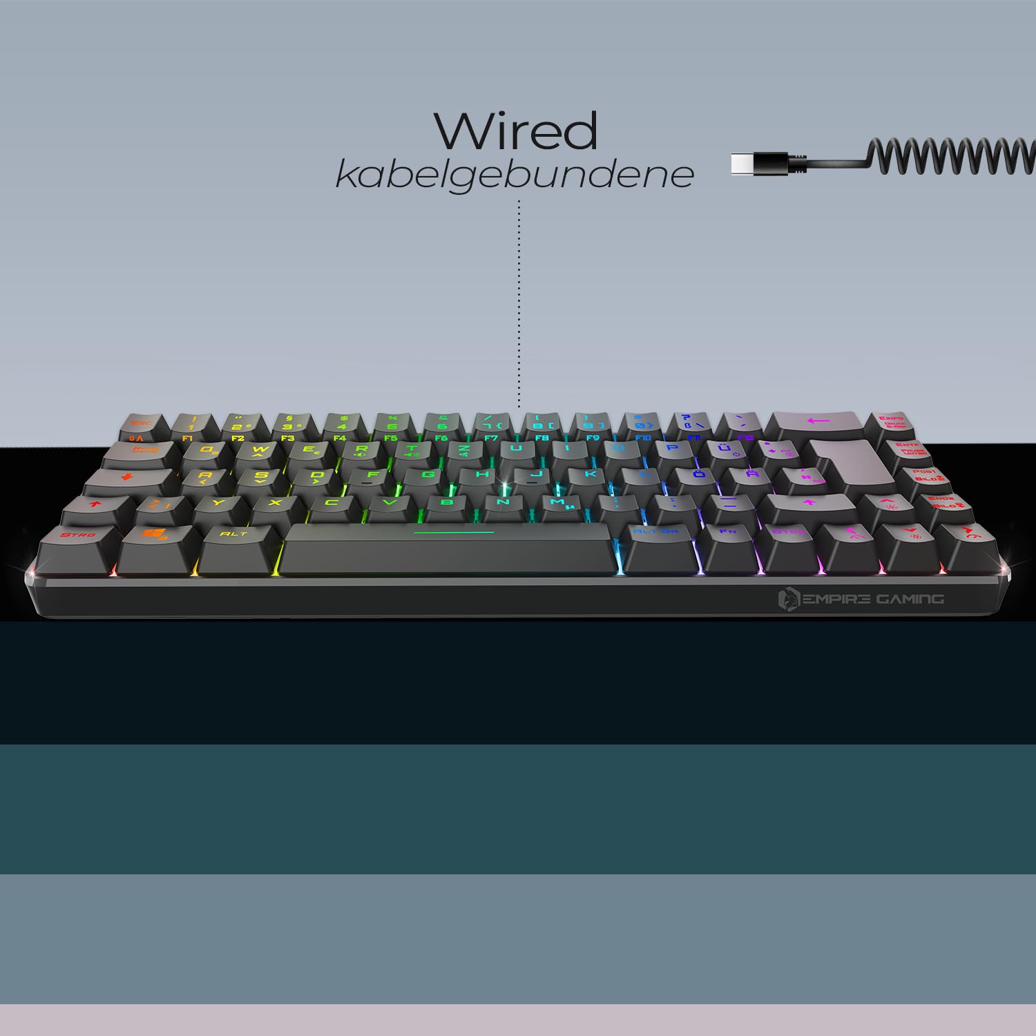 EMPIRE GAMING - K208 Tastiera cablata compatta TKL (DE-QWERTZ) a 69 tasti RGB - Cavo USB Type C rimovibile Plug & Play - PC/PS4/PS5/Xbox - 23 tasti anti-ghosting (nero)