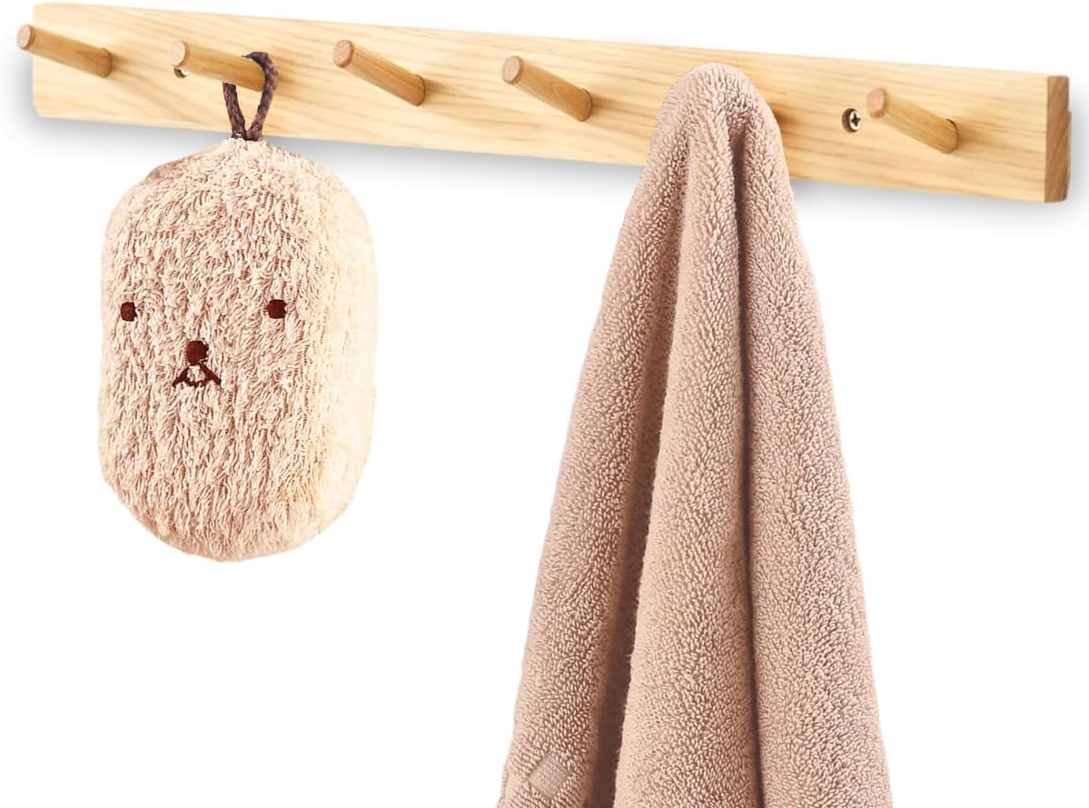Beech Wood Coat Rack Wall Mount, Long Coat Hook Hanger Wooden Wall Coat Rack with 4 Hooks for Purse Clothes Towels Hats in Entryway Bedroom Bathroom