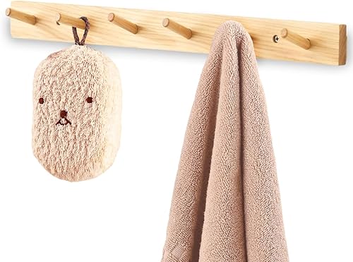 Perchero de madera de haya para colgar en la pared, perchero largo de madera con 6 ganchos para bolsos, ropa, toallas, sombreros en la entrada,