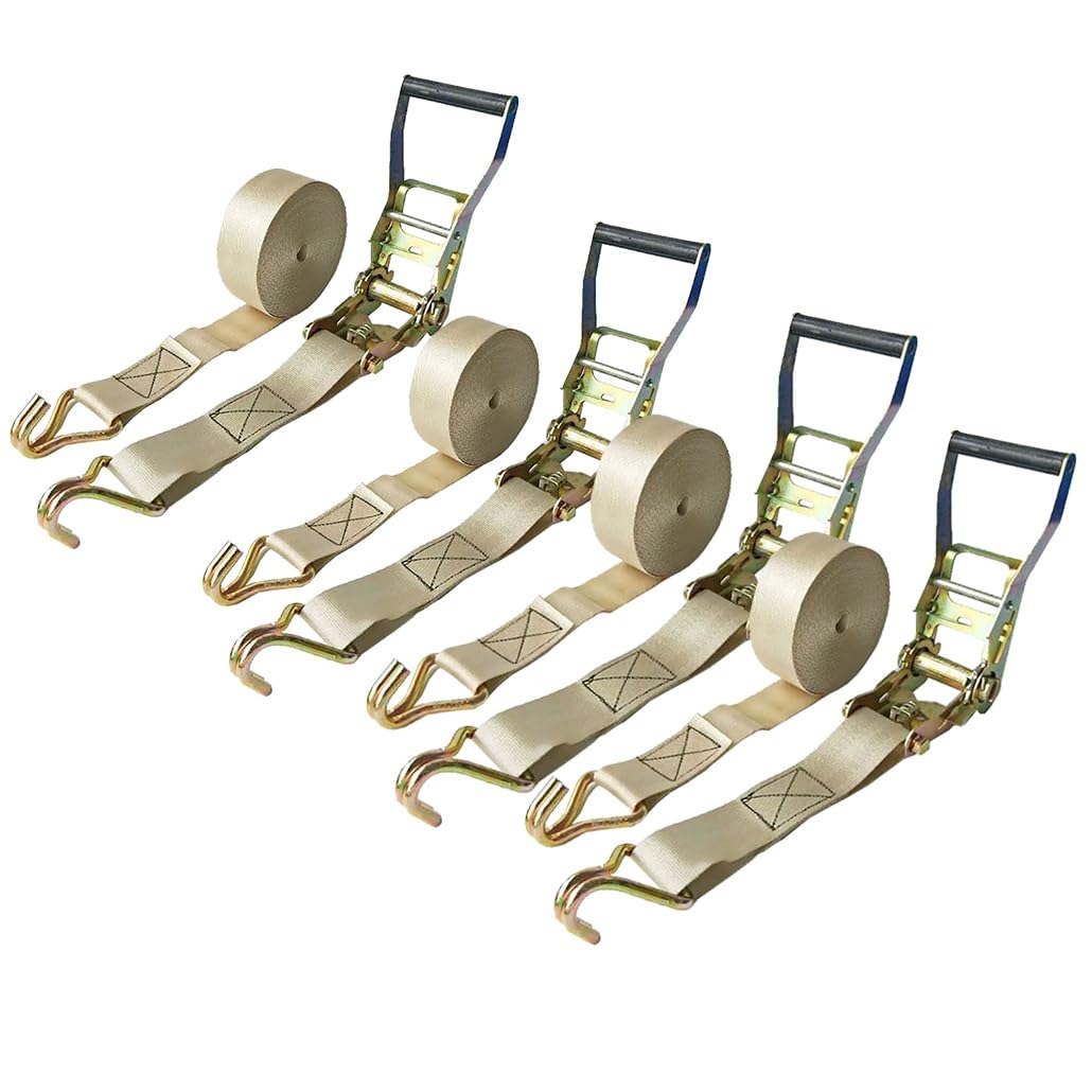 Paquete de 4 Correas de Carga de 9,8 a 49,2 pies con trinquete for remolques, Camiones, Kayaks y Motocicletas. Correas de Amarre con Ganchos Dobles en J.(Beige,8.0m/26.2Ft)