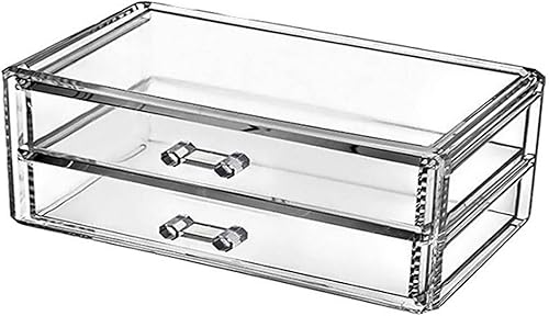 Caja de almacenamiento de maquillaje de acrílico transparente de 2 cajones, organizador de joyas de escritorio y cosméticos transparente, caja de