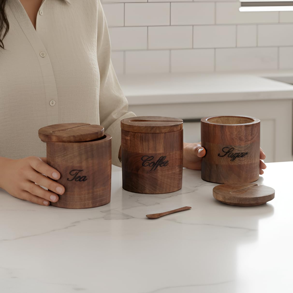 Barattolo in legno fatto a mano per tè, zucchero e caffè, contenitore in legno per tè e caffè, decorazione da cucina, barattolo in legno con testo inciso, confezione singola o