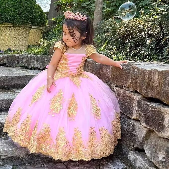 Scoop Neck Flower Girl Dresses for Wedding Gold Lace First Communion Dress Puffy Tulle Pageant Dresses for Girls2