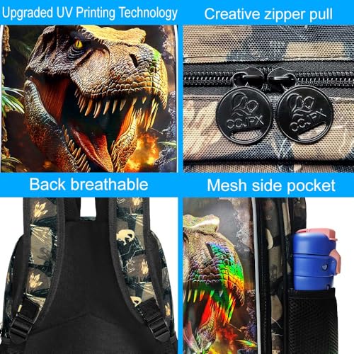Image of 3Pcs Dinosaur Backpack for Boys, 16 inch Kids School Bookbag with Lunch Box, Dino Backpacks Set for Elementary Preschool Kindergarten(Brown)