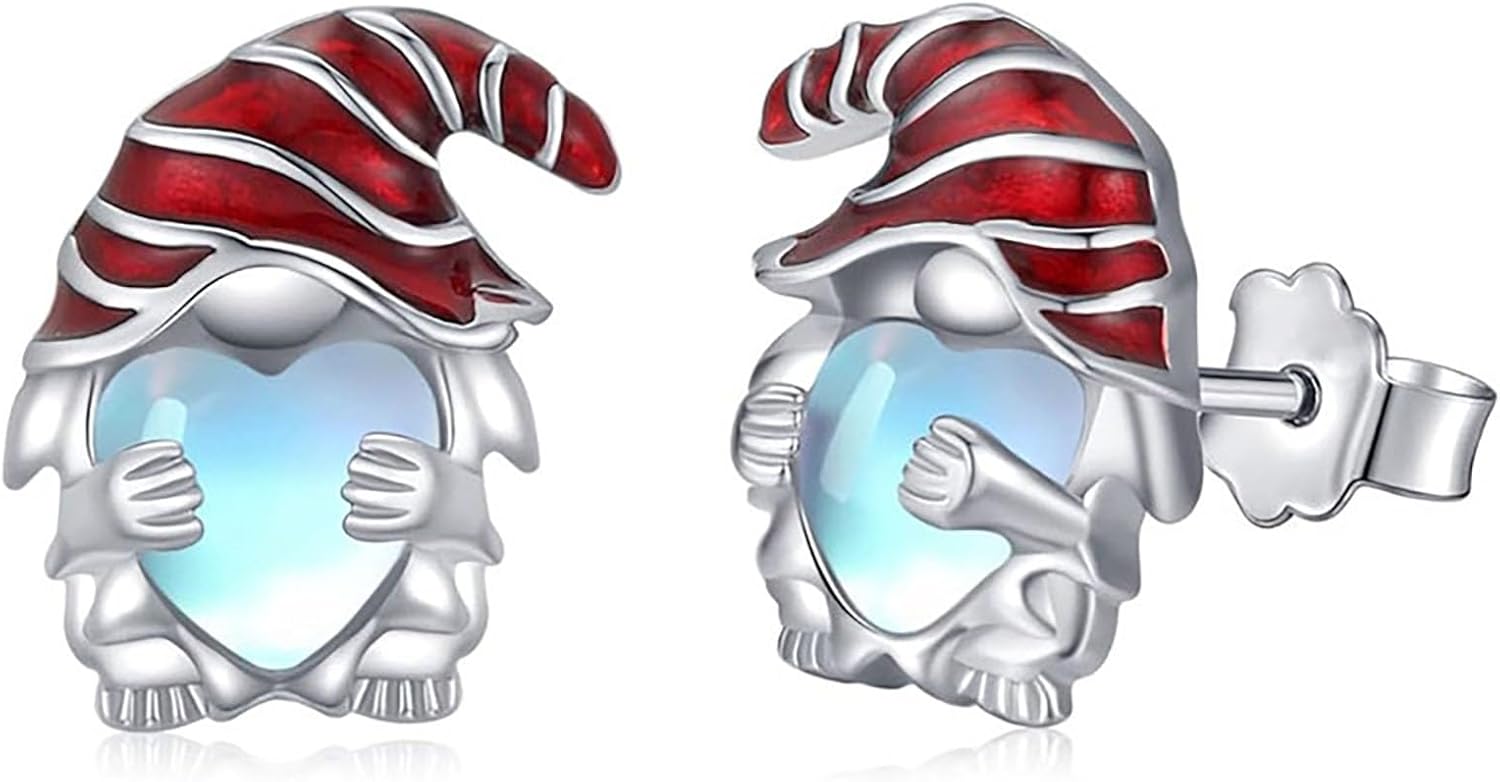 White Gold Plated Santa Claus Stud Earrings 11x14mm with Heart Moonstone Style Christmas Holiday Earrings for Women