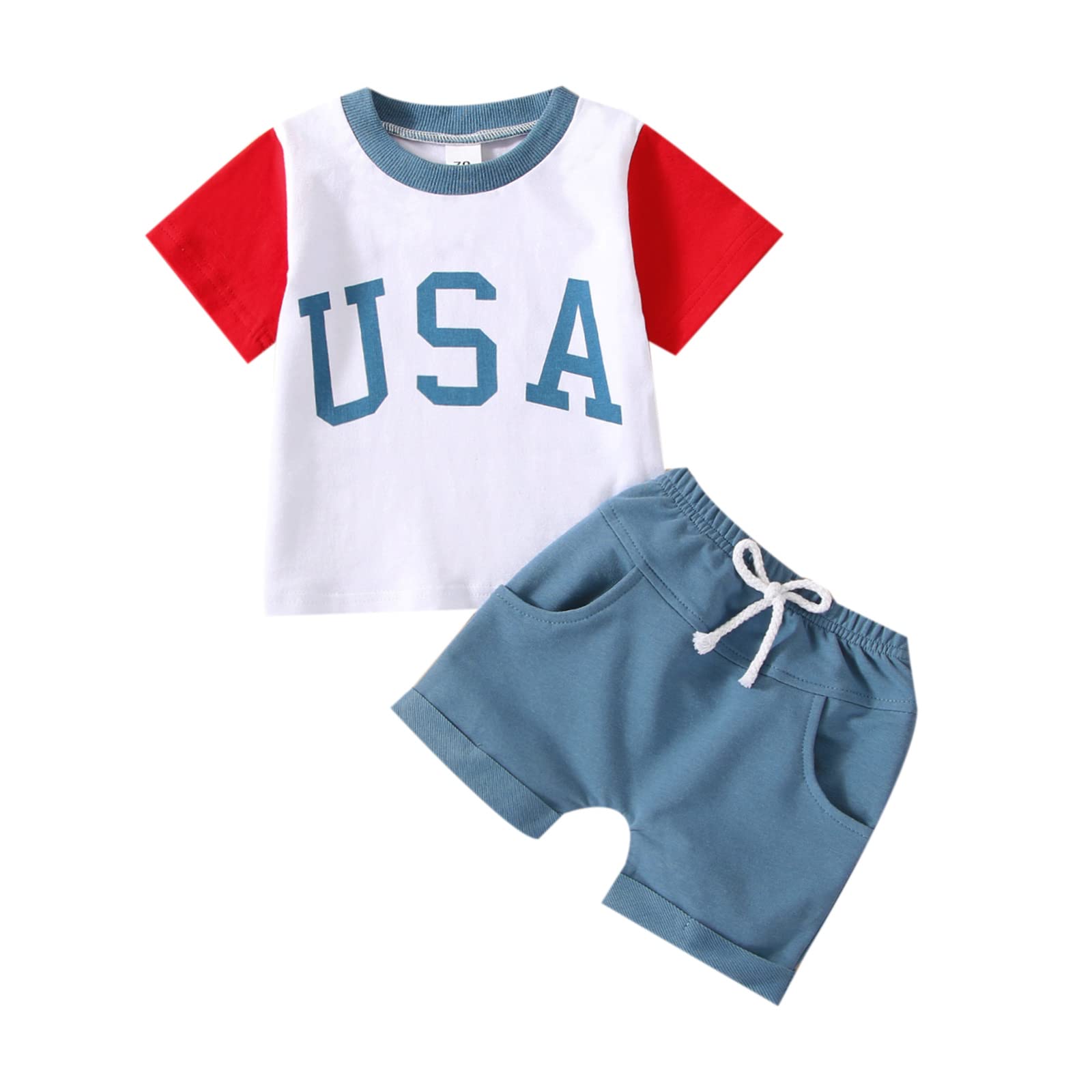 Newborn Infant Baby Boys Clothes Set Letter Printed Independence T-Shirt Top Elastic Pocket Shorts Summer Outfits (White & Blue,6-12 Months)