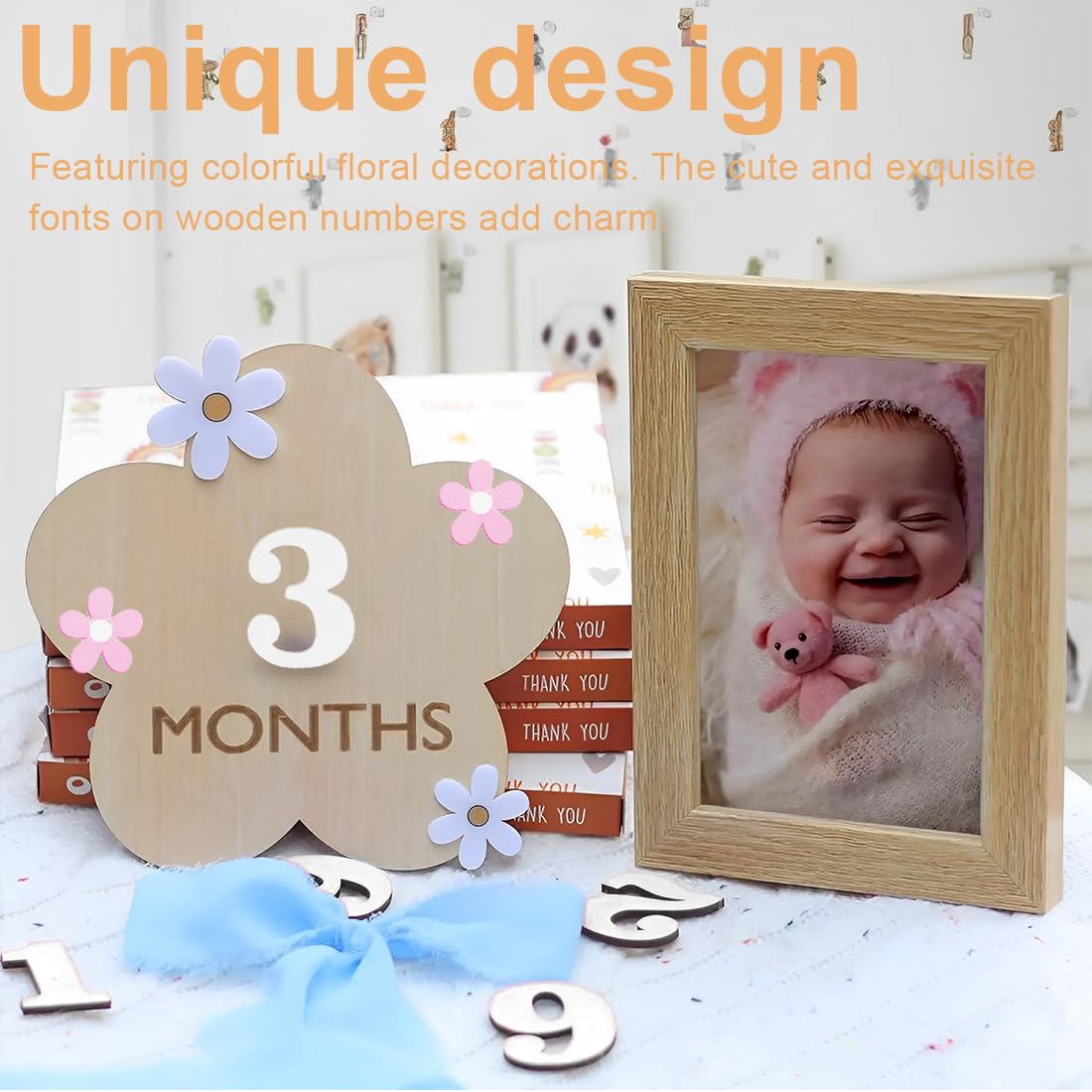 1 Pièce avec Points de Colle, Style Floral, en Bois, Etape Bebe, Accessoires Photo pour Nourrissons de 0 à 12 Mois, Enregistrement de Croissance, Mois Par Mois, Accessoires Bebe (Floral Style)
