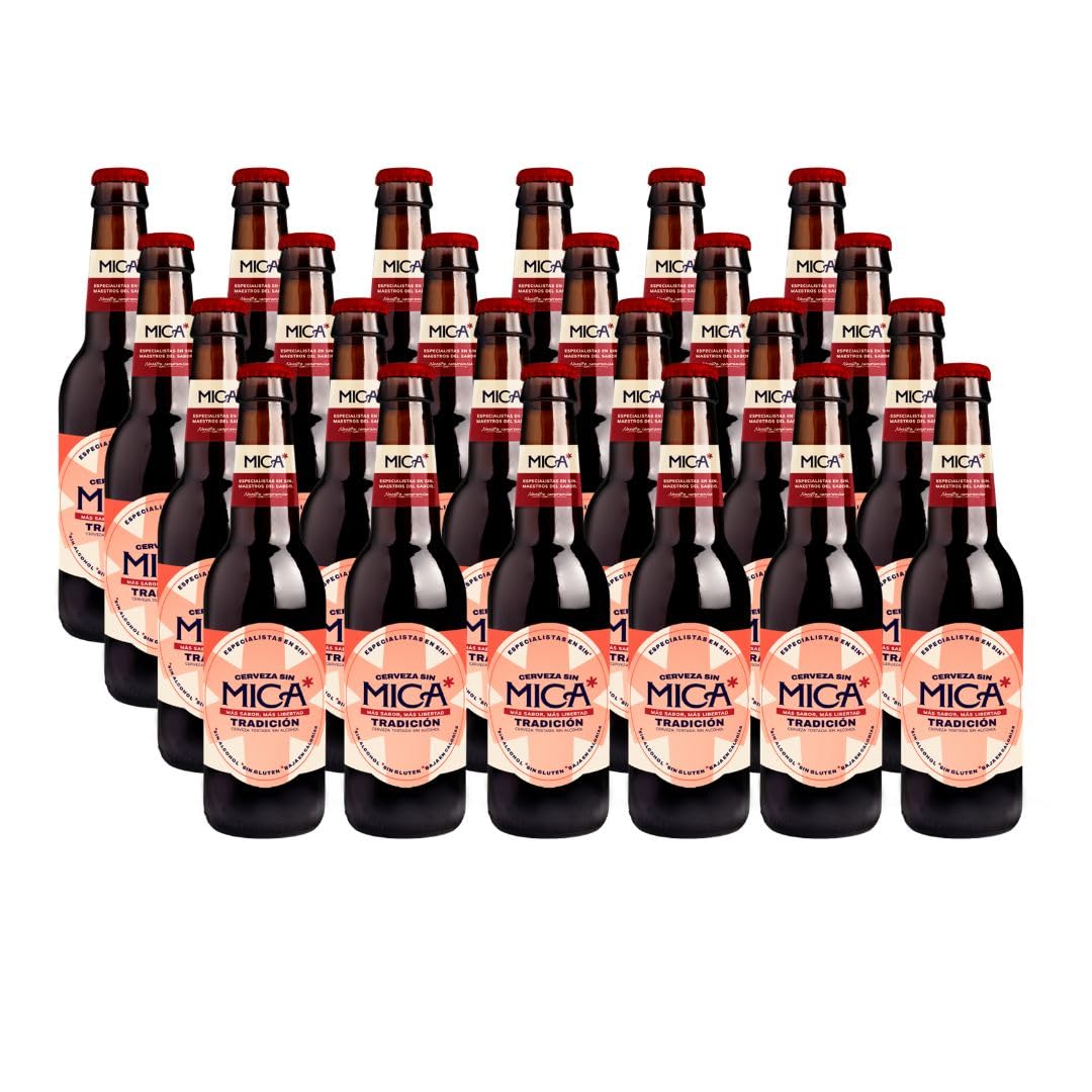 Cerveza Mica Tradición - Botellas de 33 cl. Cerveza Sin Alcohol Tostada (0,4% alc. vol.), Sin Gluten, Sin Filtrar y Baja en Calorías. (24)