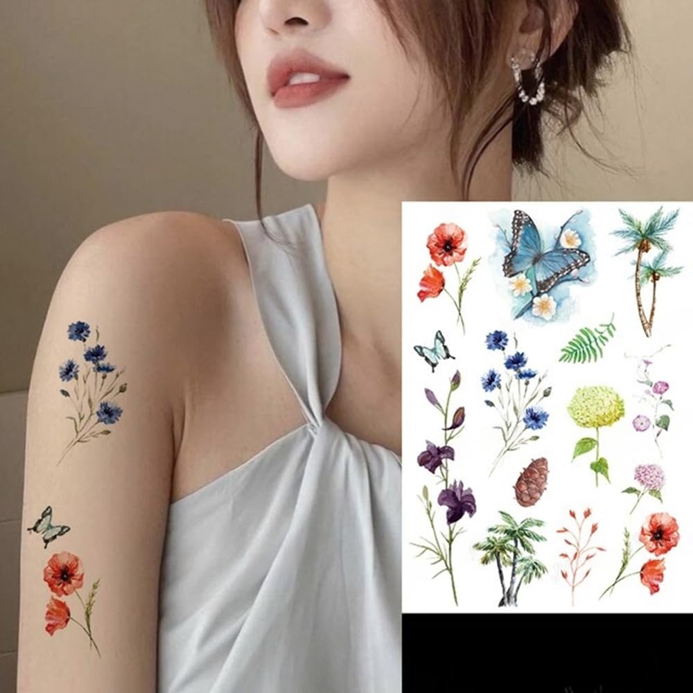 S.A.V.I Mix Temporary Tattoo - Colorful Butterfly, Flowers & Palm Trees for Men & Women - 21x15cm-image-27