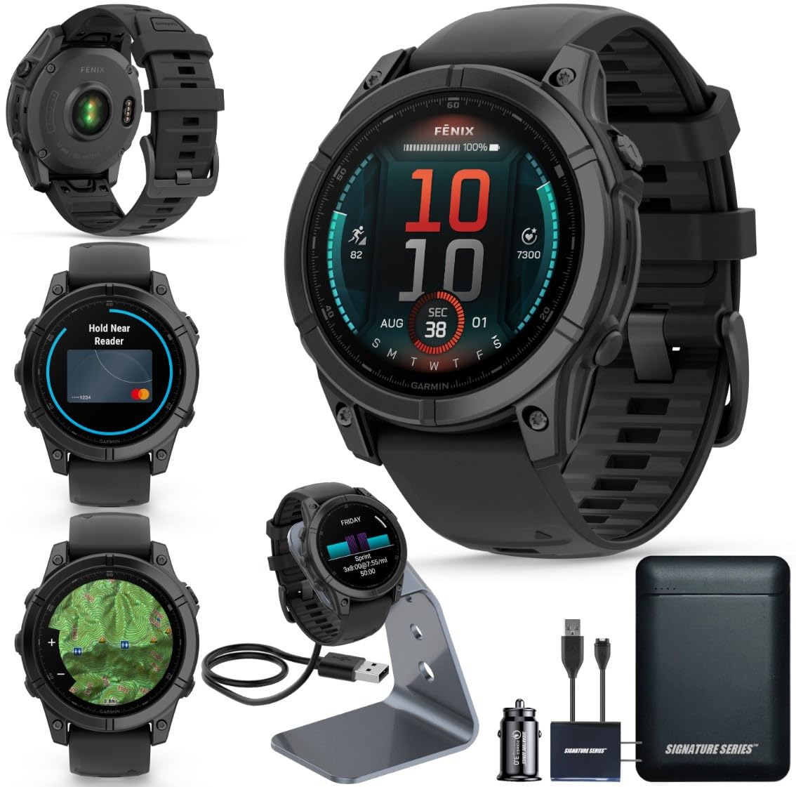 Garmin Fenix E Premium Multisport GPS Smartwatch, 47 mm | AMOLED, Dive-Rated, Built-in Flashlight | Slate Gray Steel with Black Band and Signature Series Charging Stand
