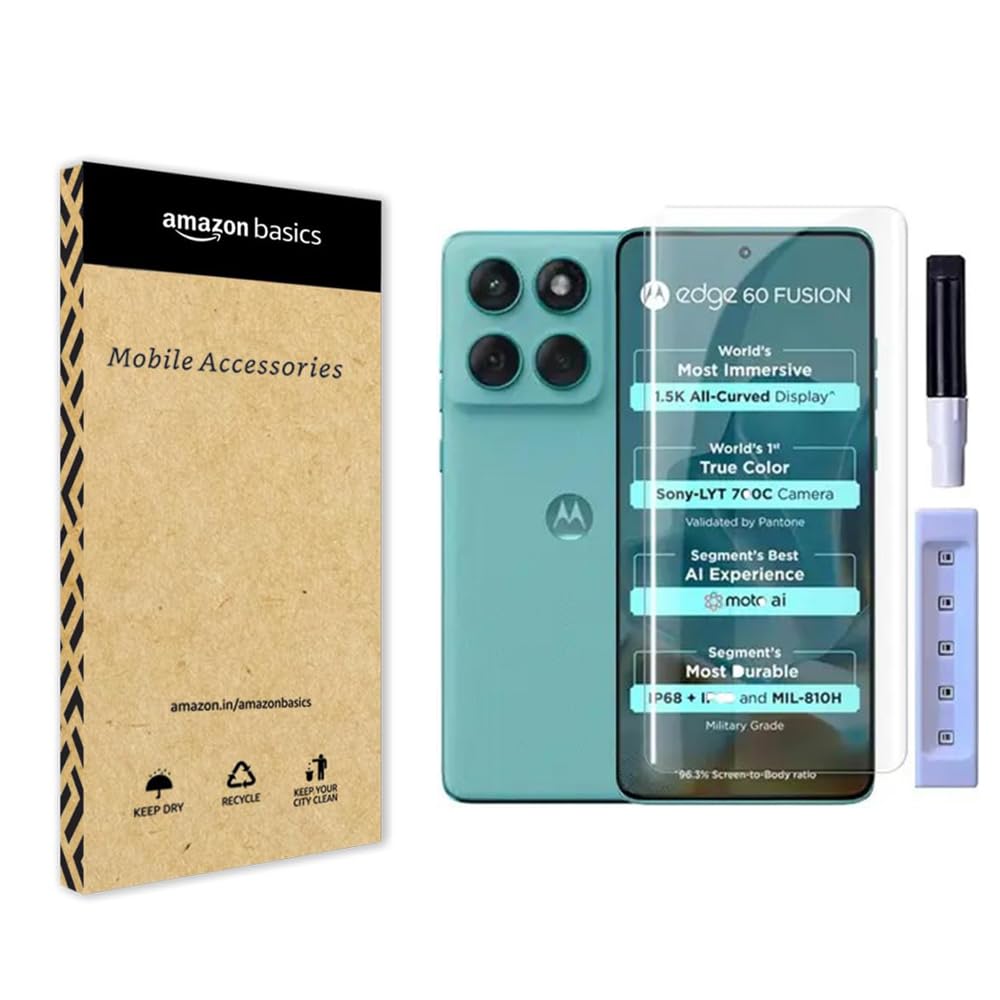 amazon basics Advanced HD+ UV Tempered Glass Screen Protector for Moto Edge 60 Fusion 5G Full Adhesive UV Curved Screen Guard, Case Friendly with Installation kit & Guide Clear