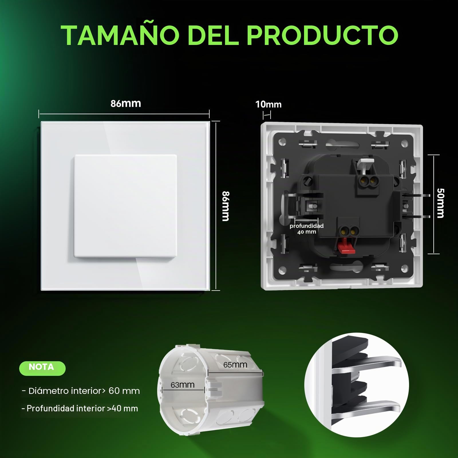 BSEED Interruptor de luz Con Cristal,Interruptor luz pared con Garfio,interruptor conmutador,Botón Pulsador,Fácil Instalación,E-Series,1 Gang 1 Vía,86mm Blanco