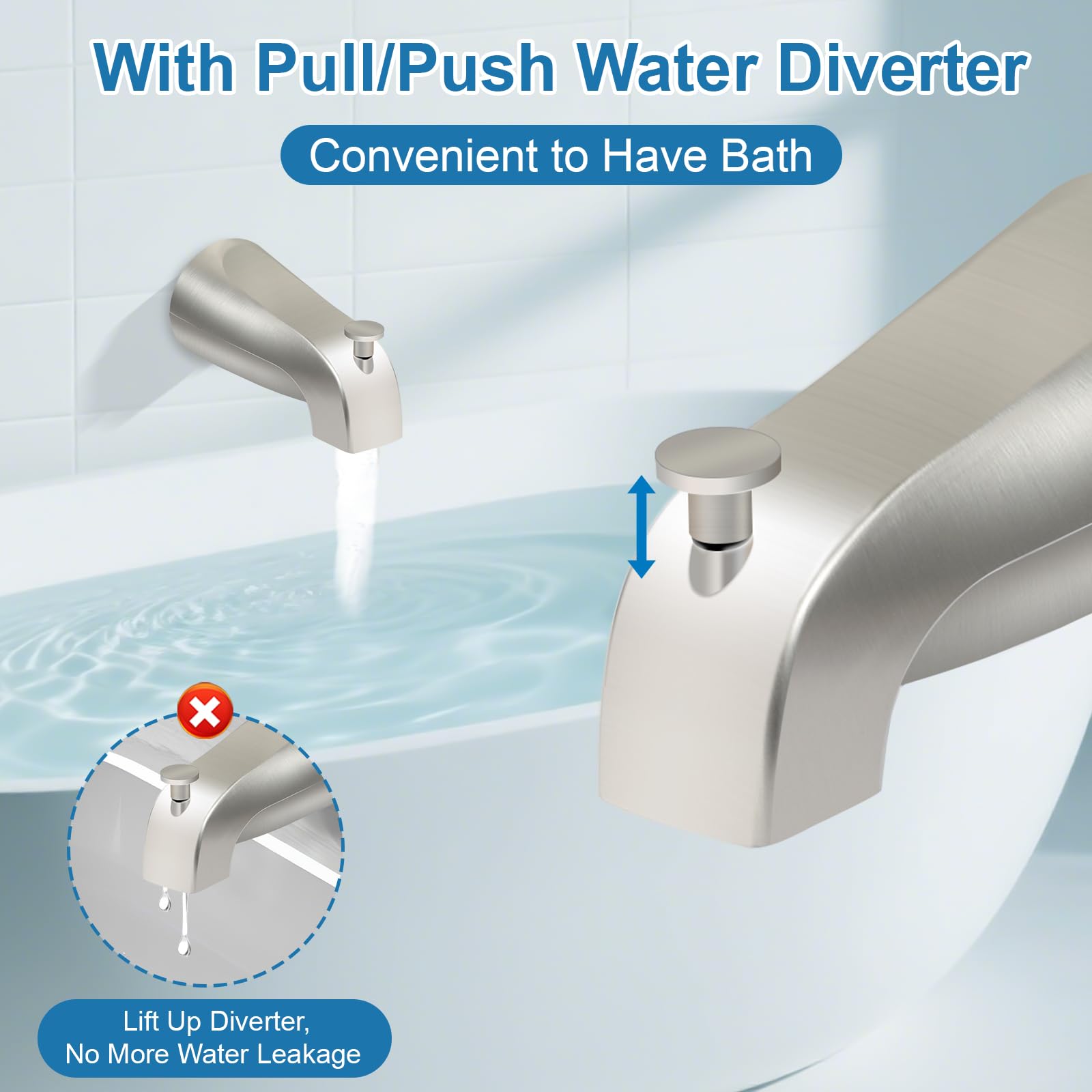 Boquilla universal para bañera de baño para montaje frontal de pared de alcance de 4 pulgadas, compatible con Westbrass E531D-1F-62, boquilla de bañera con desviador de rosca interior IPS de 1/2