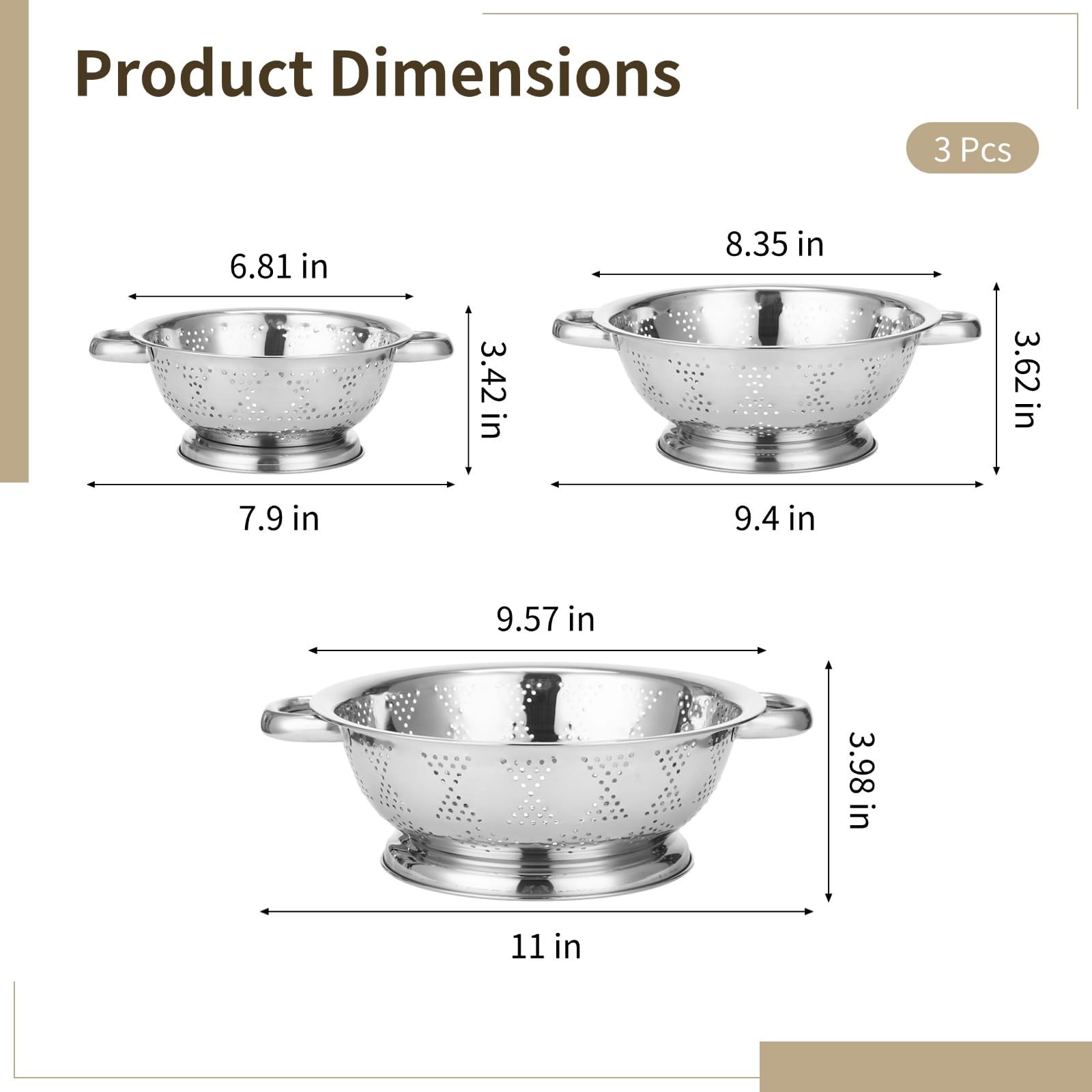 Küchensieb-Set, Edelstahl, 3-teilig, mehrere Größen: 20 cm, 24 cm, 27 cm, 27 cm, Spiegel-Finish, Doppelgriffe, stabiler Boden