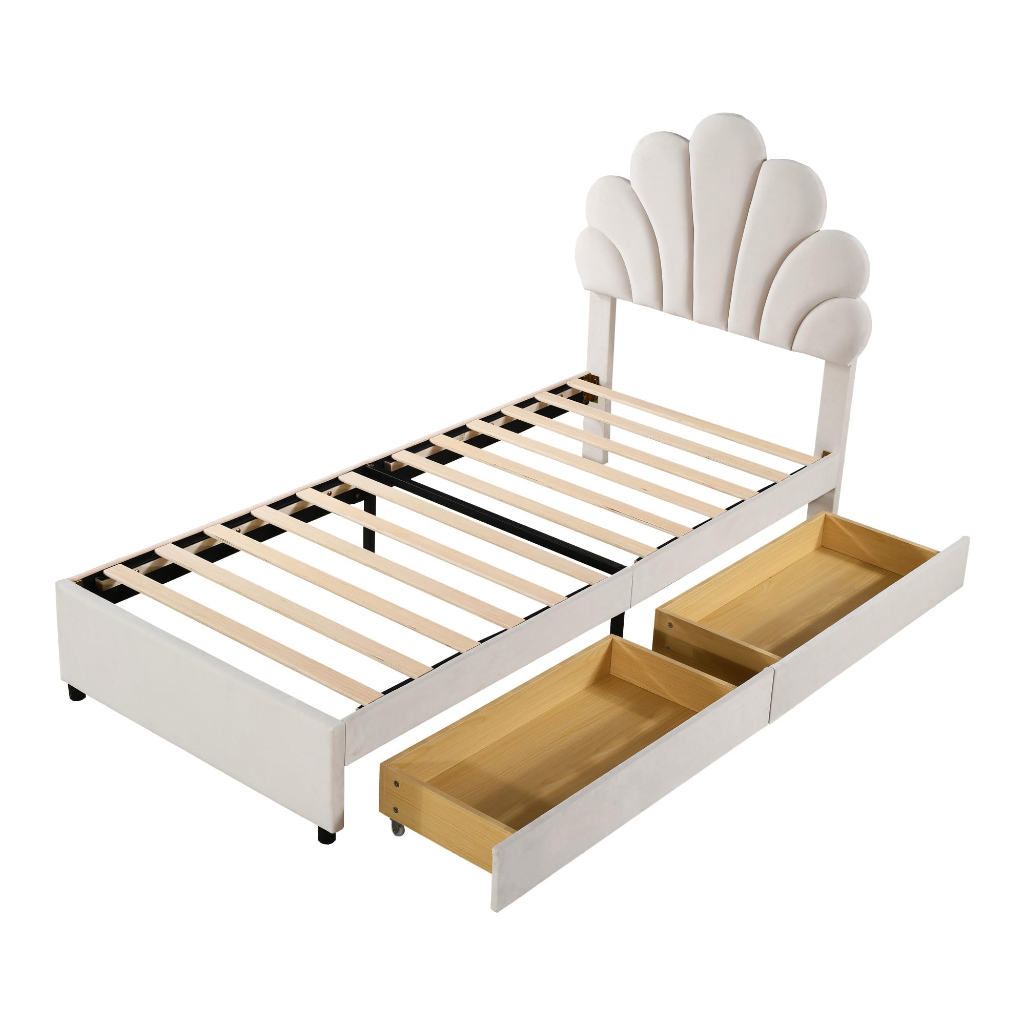 Dolamaní Jugendbett Mädchen Bett 90x200 cm, Höhenverstellbarem Kopfteil-geblümtem, Lattenrost Holz, 2 Schubladen mit Rollen, Polsterbett Sam Beige