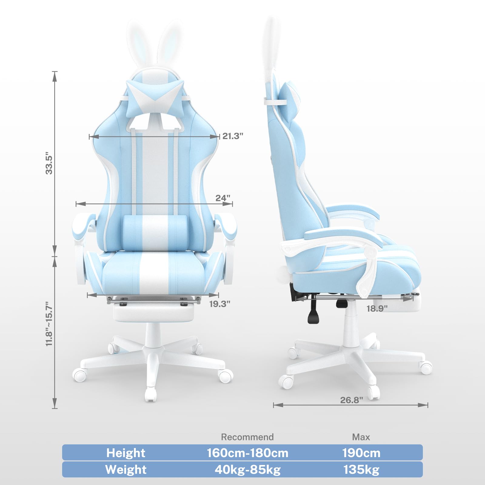 Huracan Gaming Stuhl Ergonomisch mit Fußstütze, Niedlicher Computerstuhl mit Katzenohren und Schwanz, Stoff Gamer Stuhl mit Massage-Lendenkissen, Höhenverstellbar, Komfortsitz, Hellblau