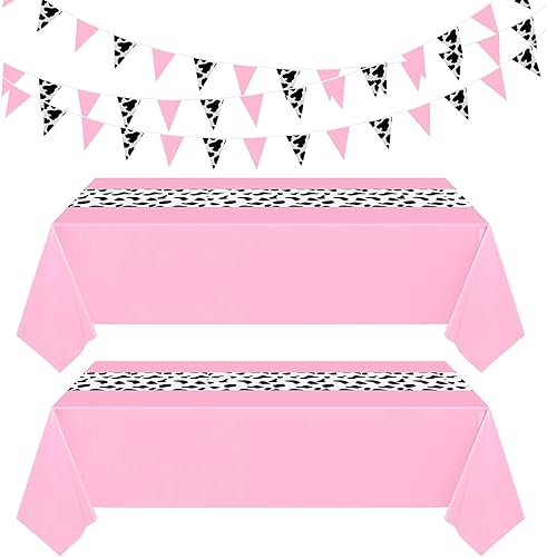 Oudain Mantel de vaquero rosa de 54 x 108 pulgadas, 6 piezas de 9.84 pies, patrón de vaca, banderines de plástico con temática de vaca, mantel