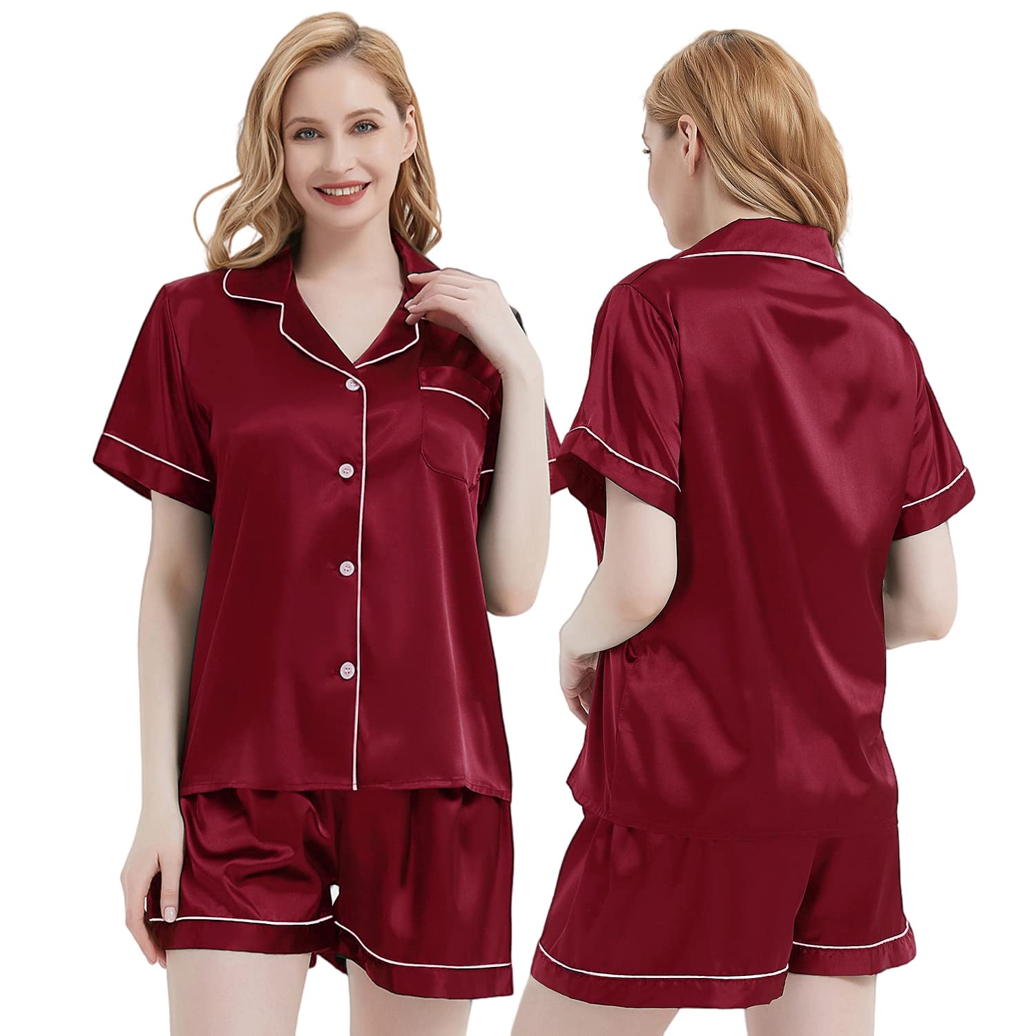 NANJUNWomens Silk Satin Pajamas Short Sleeve Sleepwear Bride Soft Button Down Loungewear 2 Piece Pjs Set XS-3XL