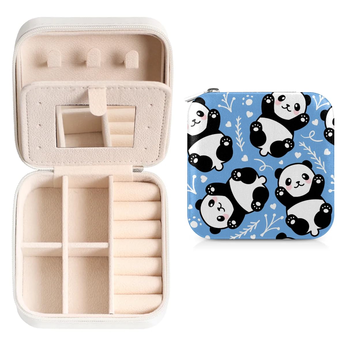 Caroon Cute Panda Travel Jewelry Case Organizer, Jewelry Boxes with Mirror, PU Leather Jewelry Storage Holder for Rings Earrings Pendants Necklaces, Gifts for Girls Women