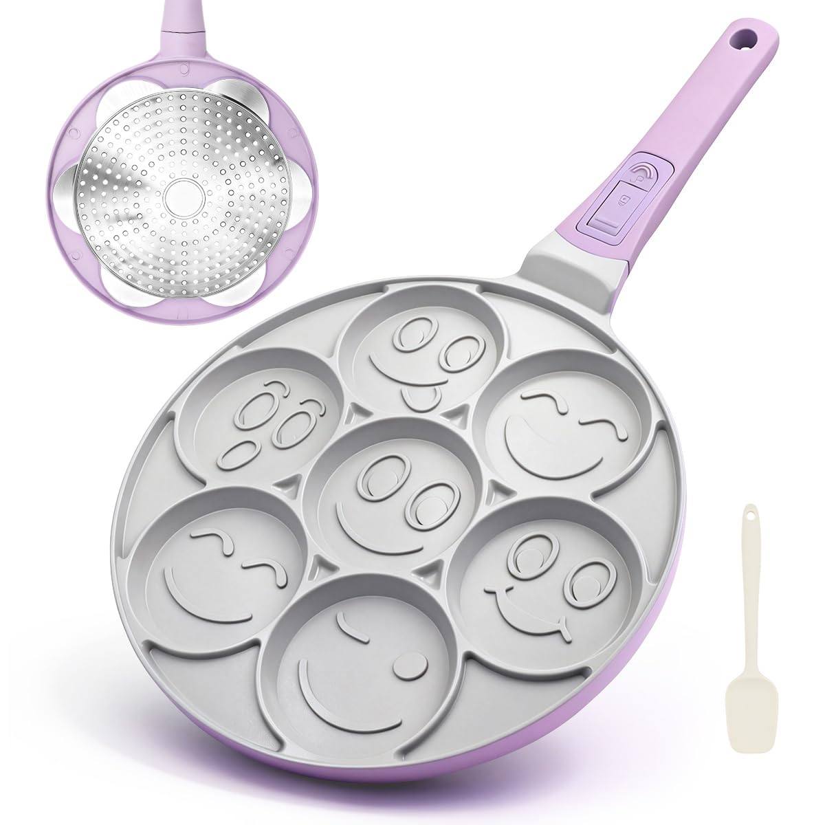 Sartén para Crepé Induccion 26.5cm con Caritas Sonrientes, Revestimiento Cerámico Antiadherente, Sartén para Tortitas 7 Agujeros con Mango Extraíble - Morado