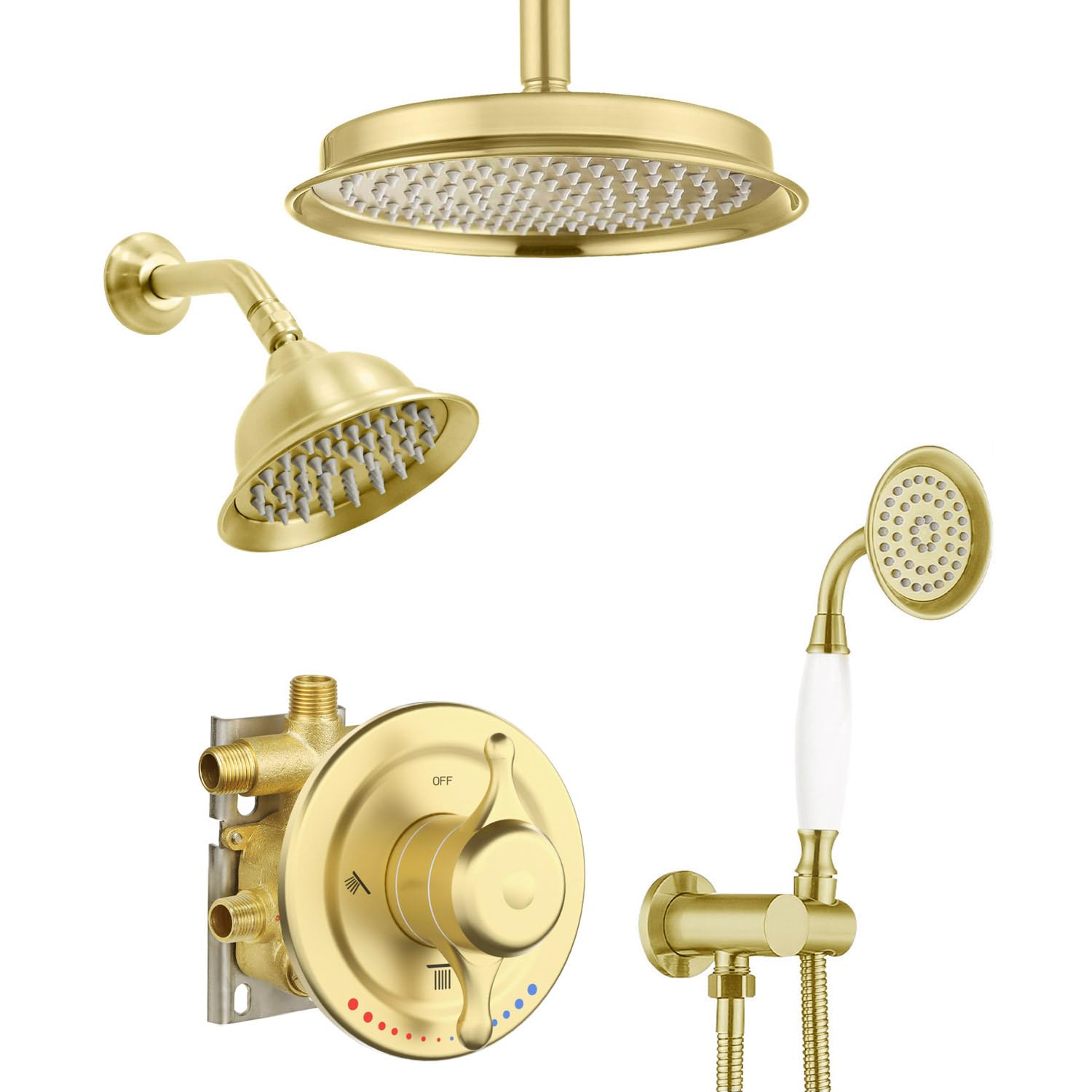 ZYGOLVQ Antique Brass Shower System, 9" & 6" Dual Rain Heads and Handheld Spray Vintage Fixtures, 3-Function Dual Knob Valve with Separate Temperature