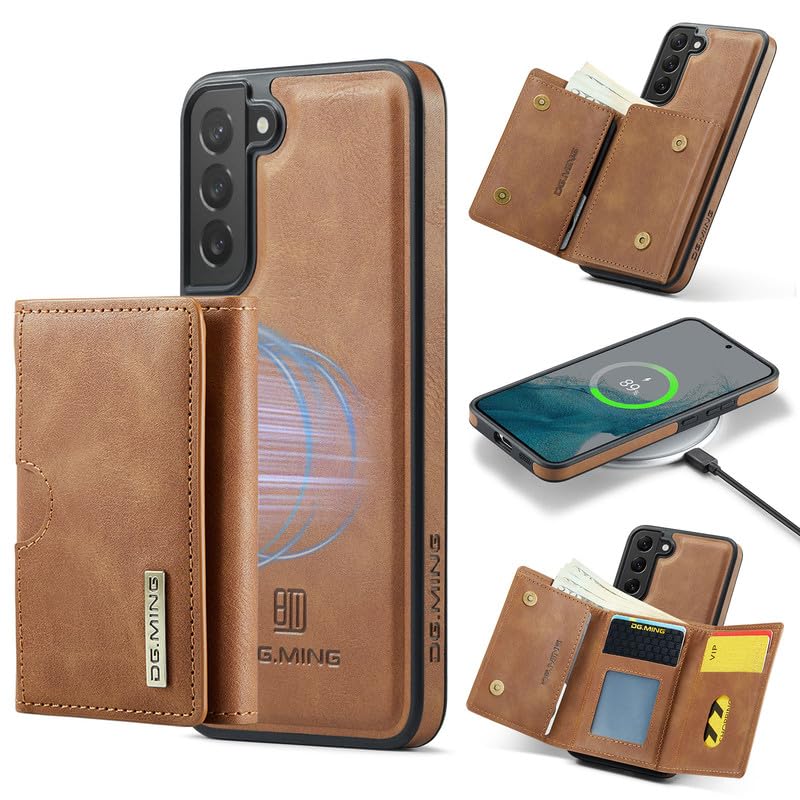 Coque Samsung S22+ protection intégrale cuir brun et étui portefeuille RFID amovible
