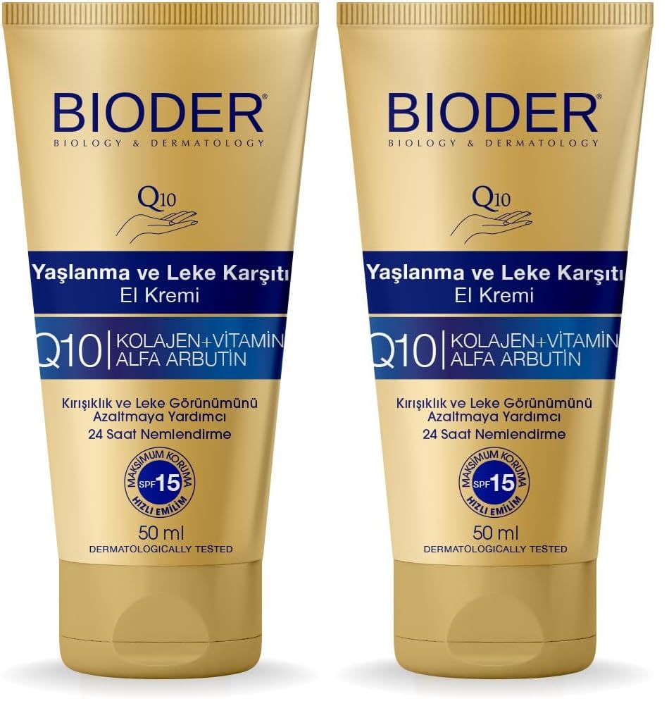 Bioder Yaşlanma Karşıtı El Bakım Kremi 50 ml – SPF 15 Koruma, Alfa Arbutin, Koenzim Q10, Kolajen ve C Vitamini İçerikli Nemlendirici (2 paketi)