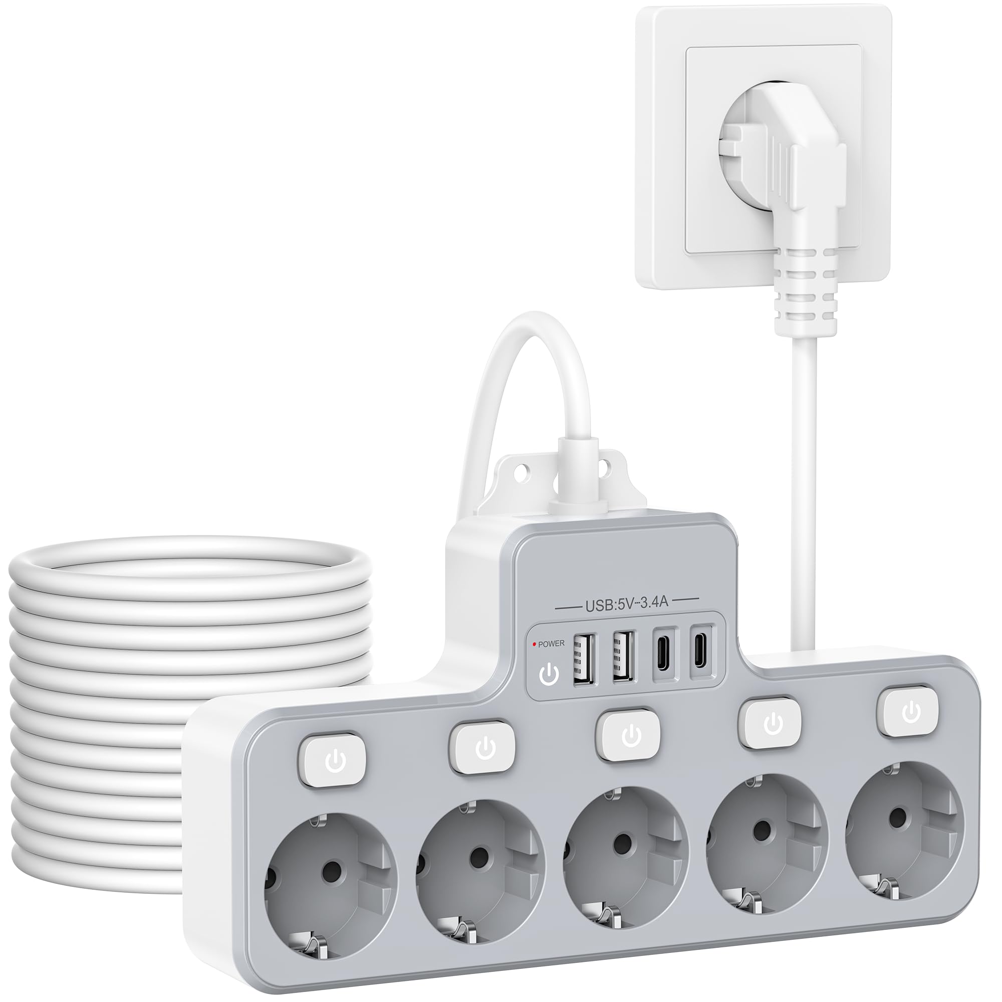 Regleta De Enchufes Con 5 Tomas Y 4 USB - Interruptores Independientes, Cable Corto 5 Cm, Blanco, Ideal Para Pared O Viajes