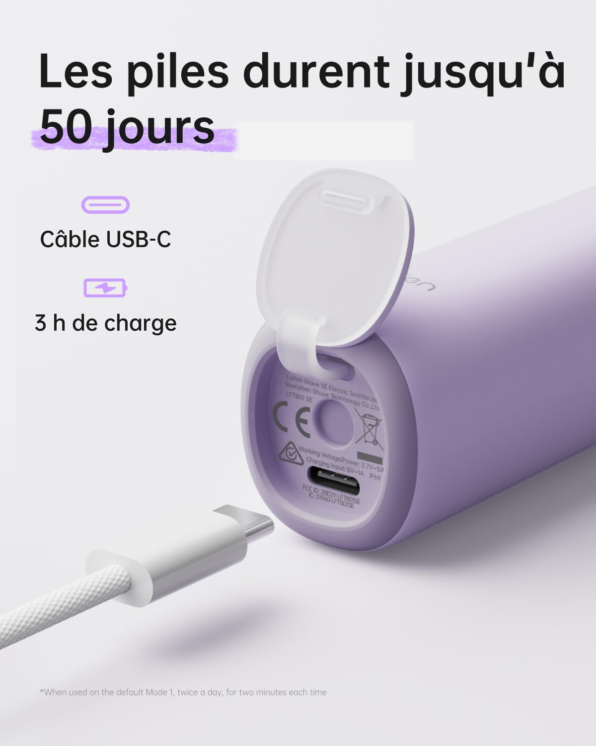 Laifen Wave Special Brosse À Dents Électrique Sonique Pionnière 60° Oscillation Vibration Autonomie 50 Jours 2 Têtes de Brosse Étanchéité IP68 Acceptée par l’ADA pour Voyage (Édition Spéciale Lavande)