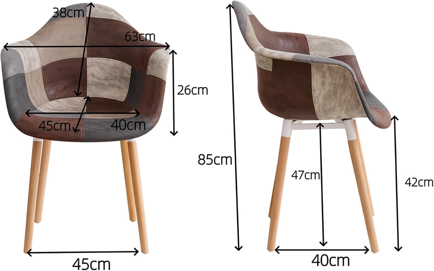 GrandCA HOME 4er-Set Esszimmerstühle, nordische Küchenstühle, gepolsterte Stühle mit Armlehne aus Patchwork-Stoff, Moderne Sessel mit Beinen aus Buchenholz, Braun+Grau
