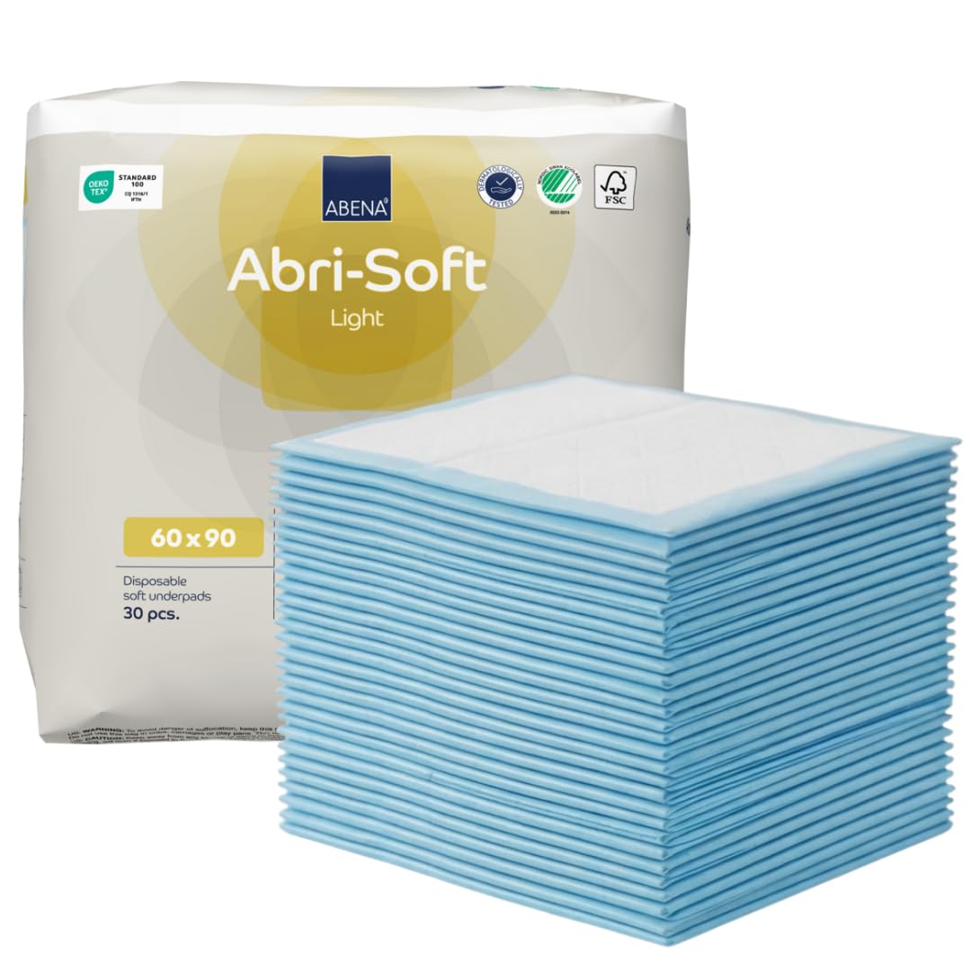 ABENA Abri-Soft Light Disposable Incontinence Pads, Eco-Labelled Incontinence Bed Pads, Leak Protection, Soft & Secure Bed Protectors For Incontinence - 60x90cm, 1250ml Absorbency, 30PK