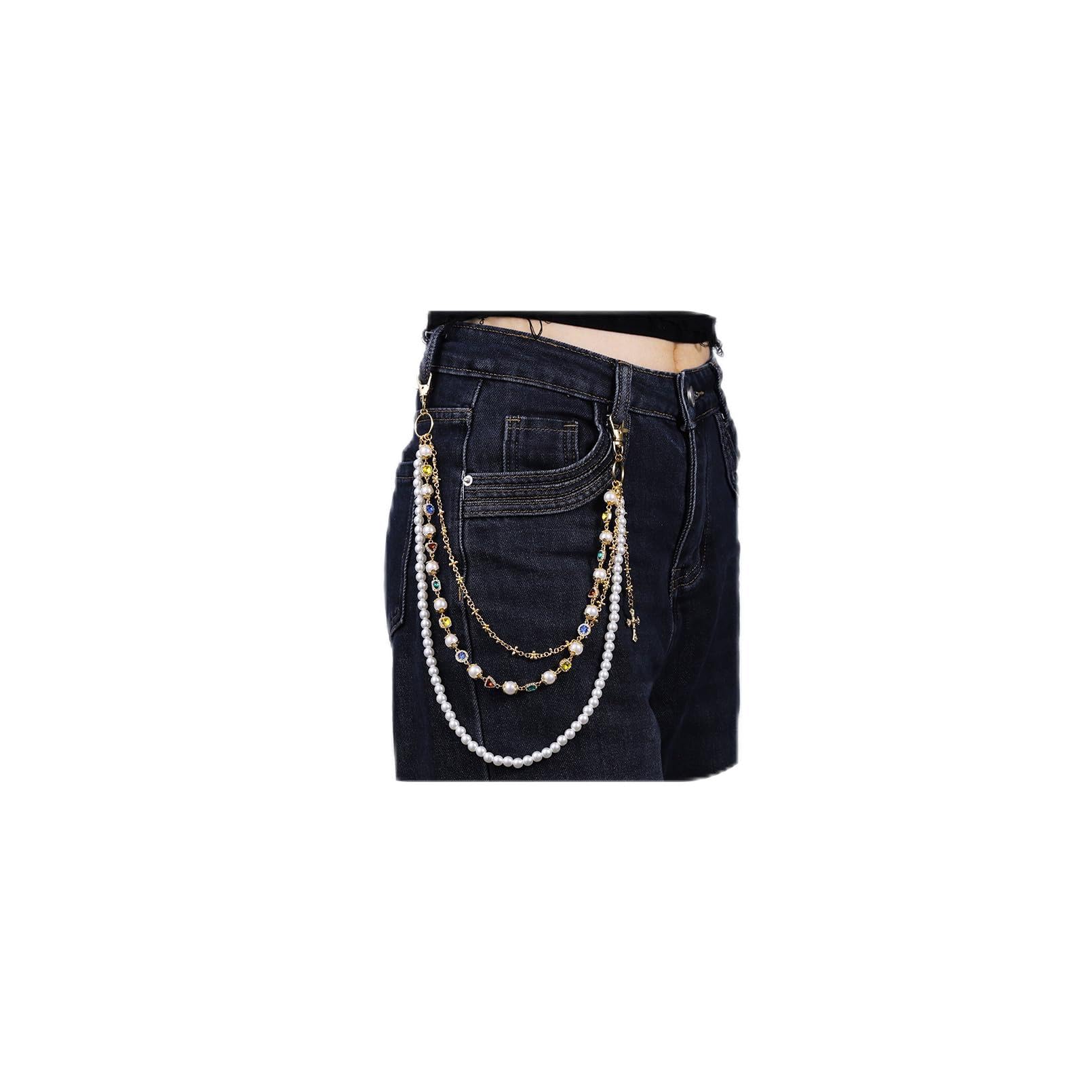 Layered Pearl Pants Chain Wallet Chain with Heart Cross Pendant