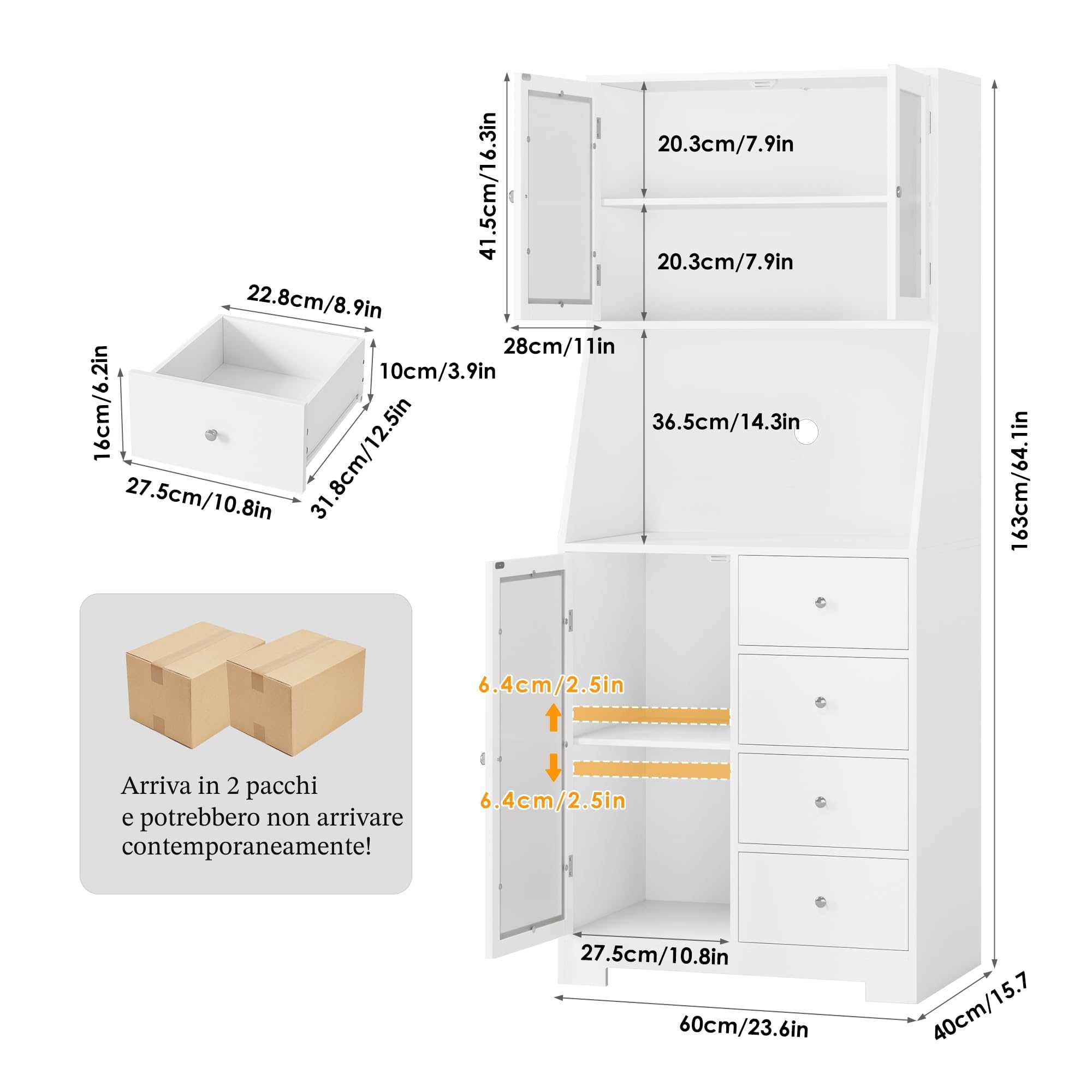 HOCSOK 163cm Credenza Cucina Alta, Dispensa Cucina Mobile Alto con 4 cassetti, Mobile Multiuso con Scaffale per Microonde Per Soggiorno, Sala da Pranzo, Bar, Bianco