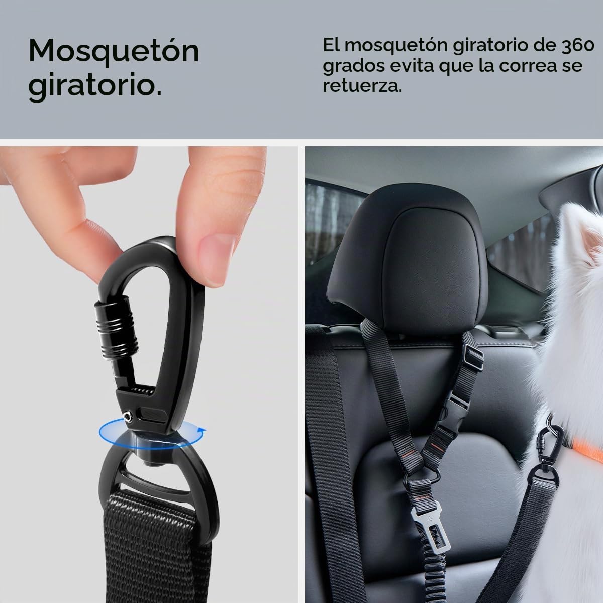 Spigen Cinturón Seguridad de Coche para Perros, Arnés de Coche para Perros con Elástico, Correa Ajustable y Resistente con Gancho Metálico Giratorio 360° para Tesla Model Y 3 y más