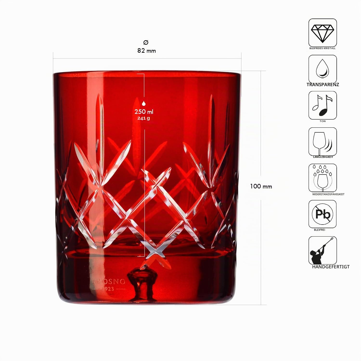 KROSNO Saga Rote Whiskygläser 250 ml, 4er Set, Kristallglas, Handgeschliffen, Elegante Gläser für Bourbon und Drinks