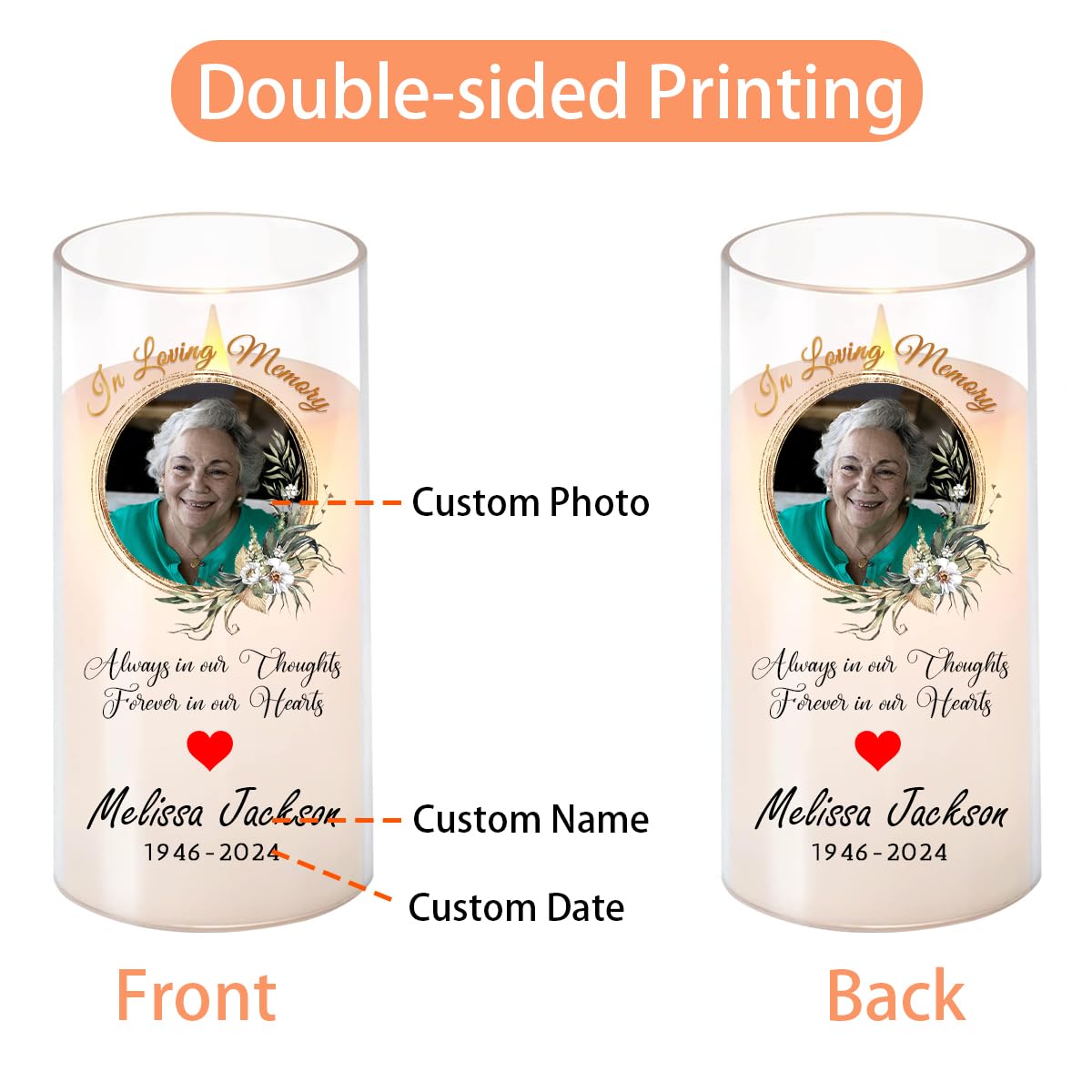 Personalised Photo Memorial Candle, Flameless RIP Candles with Custom Picture Name Date, Battery Operated LED Pillar Candles, In Memory of Loved One Sympathy Remembrance Gift Funeral LED Tea Lights