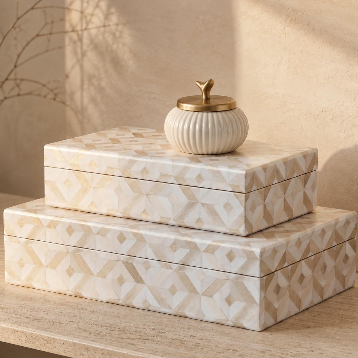 kroucoco Set of 2 Decorative Storage Boxes with Lid,Modern Cardboard Organizer Bins for Storing Photos, Documents and Letters,Memory Box for Home Decor,Coffee Table,Entry Table,Mantle,Shelf (Beige)