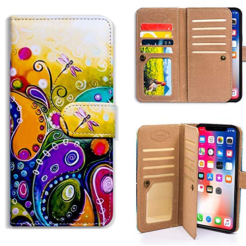 Bfun Packing iPhone XR Wallet Case,Bcov Colorful Dragonfly Multifunctional Wallet Flip Case PU Leather Folio Cover with Credit Card Slot ID Card Holder Wrist Strap for iPhone XR