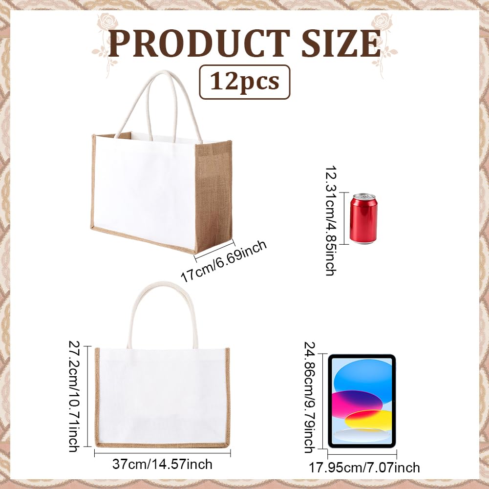 FINGERINSPIRE 12 Pz Borse Tote in Iuta Bianca 27.2x37x17cm Modello Rettangolare con Manici Versatili per Spesa Spiaggia Viaggio e Fai da te Idee Regalo per Matrimonio e Damigella d'onore