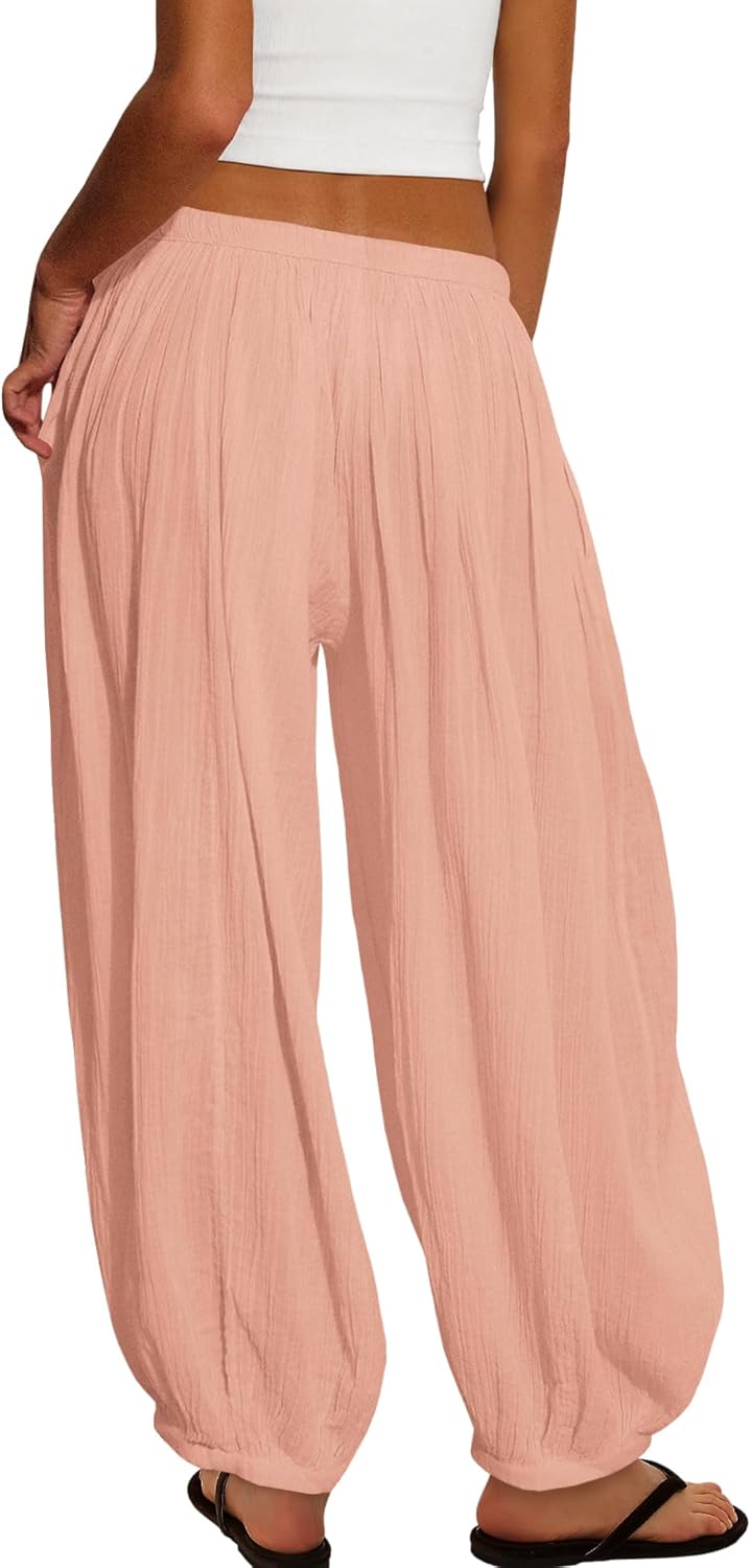 Yanekop Womens Beach Harem Pants Summer Palazzo Pants Flowy Sheer Wide Leg Trousers Vacation Clothes with Pockets - Image 4