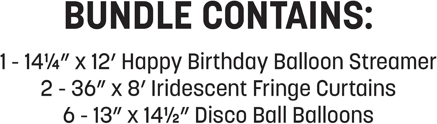 Beistle Disco Birthday Backdrop Bundle – Silver Metallic “Happy Birthday” Balloon Banner, 6 Foil Disco Ball Balloons & 2 Iridescent Fringe Curtains, Photo Booth Décor for Dance Party Celebrations